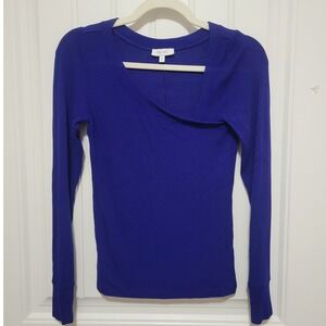 REISS London Womens Carly Asymmetric Neck Jersey Top Ribbed Knit Blue Size Small
